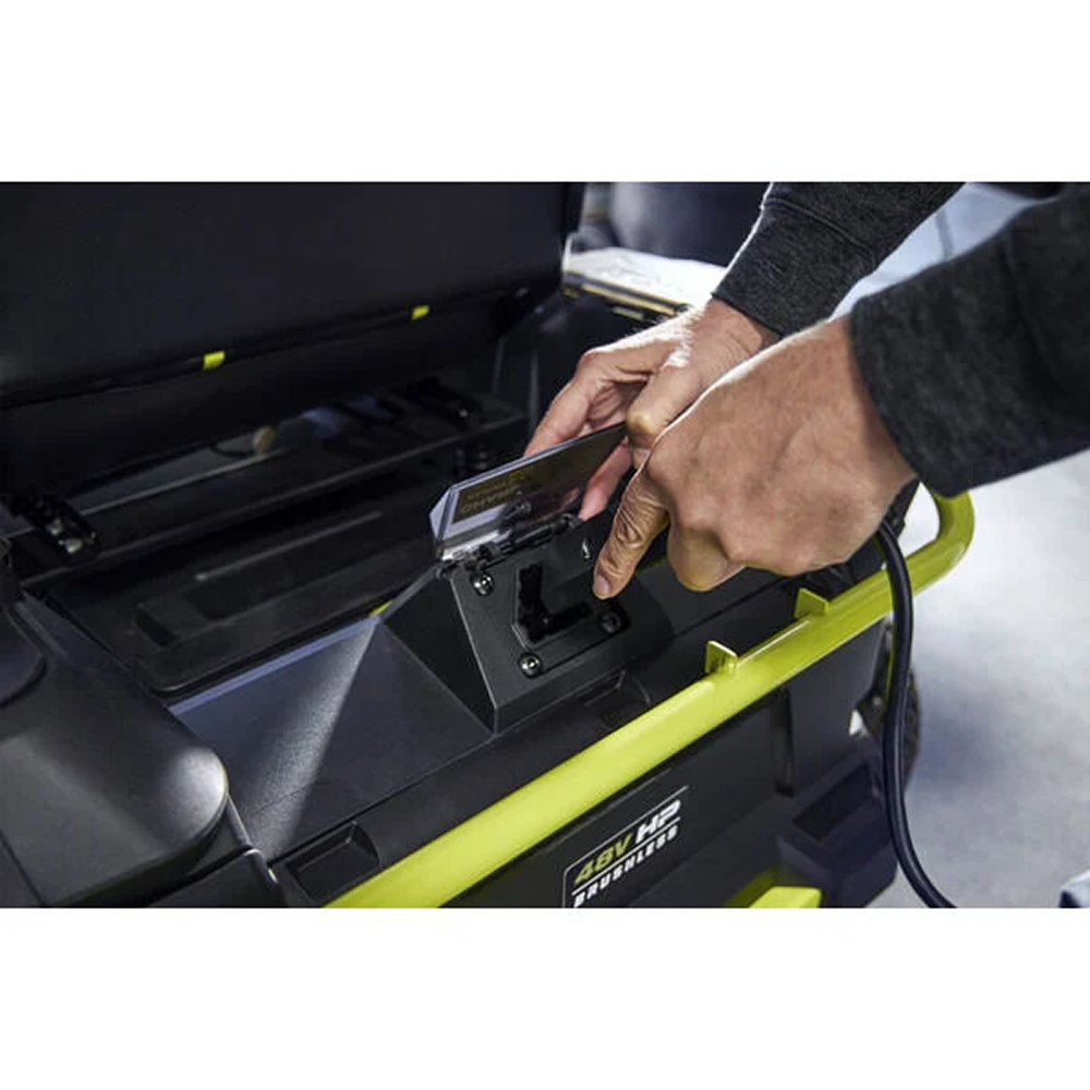 Ryobi 48V 54-inch 115 Ah HP brushless battery electric riding zero-turn mower with cutting deck and control panel.
