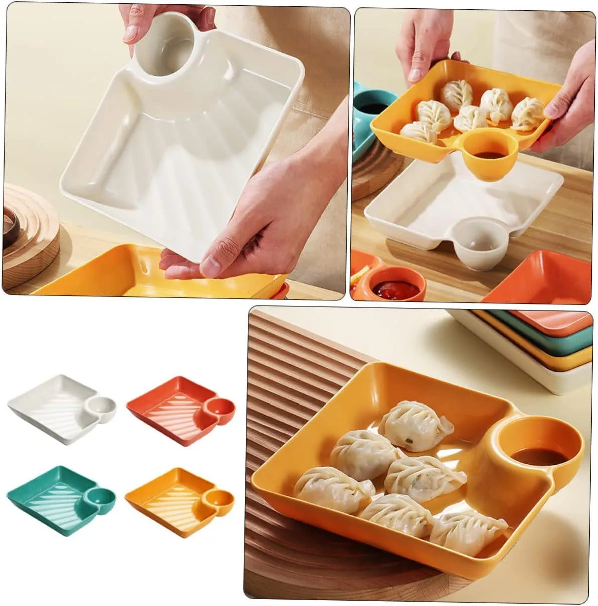 Mivoza dipping plate with sauce compartment, stackable and no-drip design, ideal for serving condiments and sauces at the table.