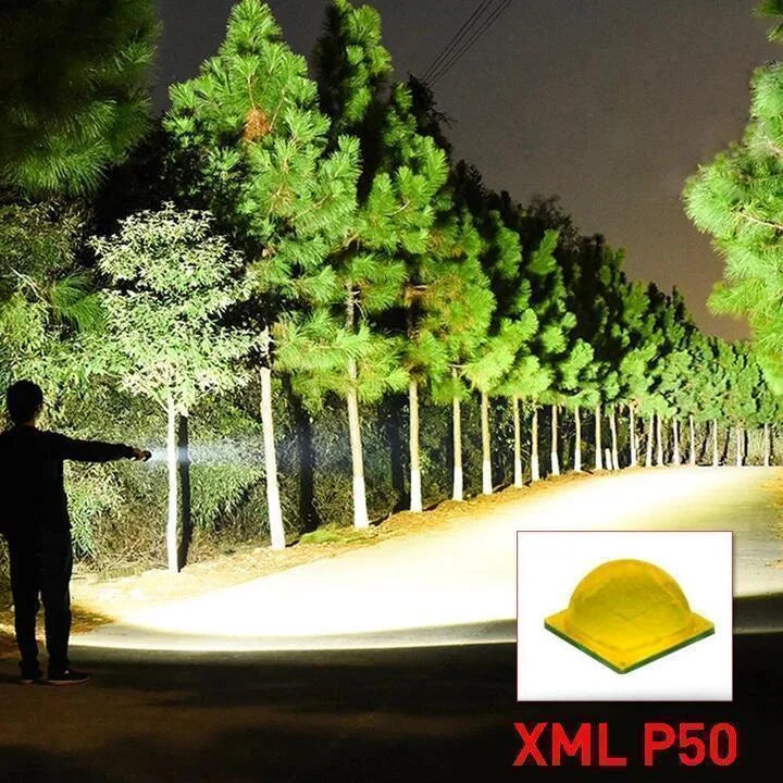 Belro 90000 Lumens Xhp50.2 powerful flashlight with ergonomic handle and adjustable focus, bright LED lighting tool.
