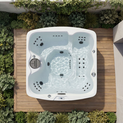 Casavibeo Lifesmart Leganza 6-person spa with 90 jets and lounge seating, shown in coastal gray from a top-down aerial view.