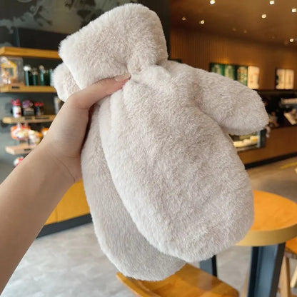Beige fluffy plush mittens by Belro, cozy winter warm gloves made of soft, plush material for cold weather comfort.
