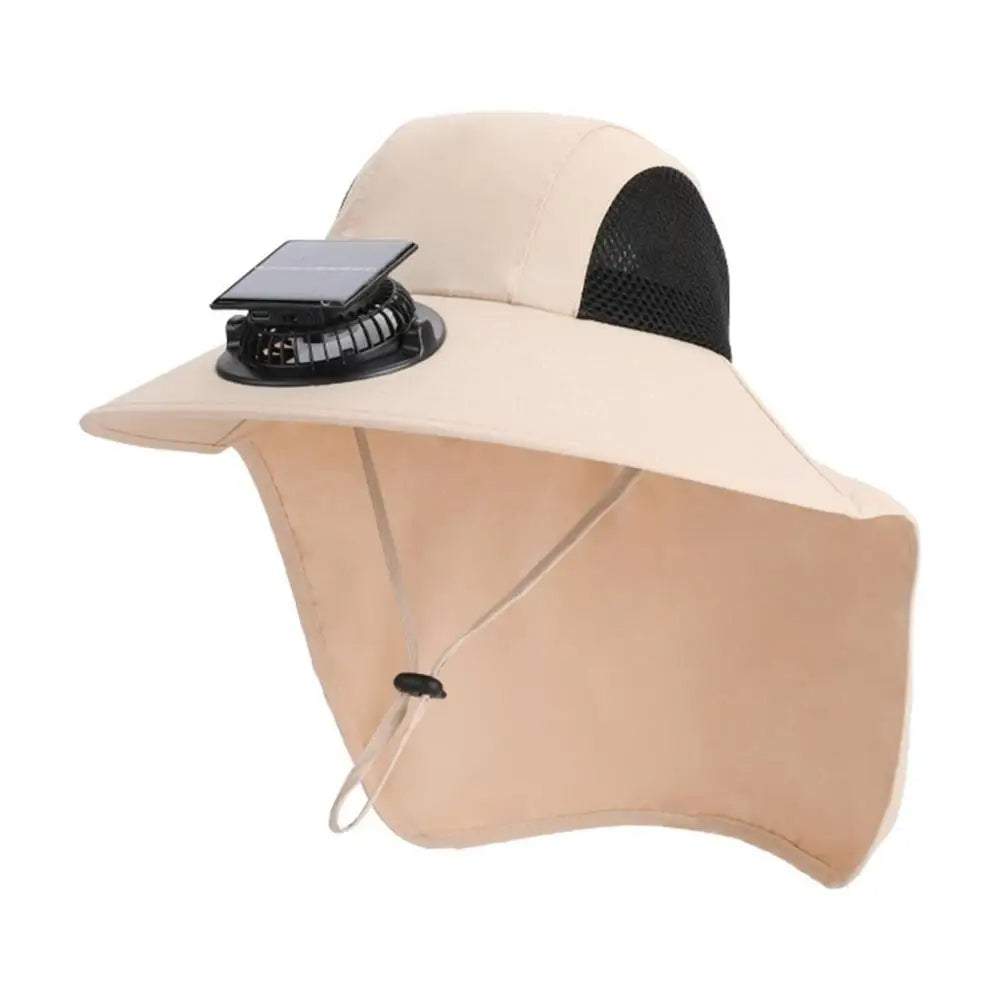 Beige solar fan hat with wide brim and UV protection from Belro, designed for sun protection and outdoor comfort.