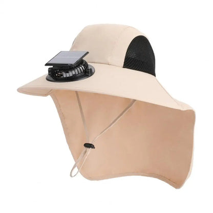 Beige solar fan hat with wide brim and UV protection from Belro, designed for sun protection and outdoor comfort.