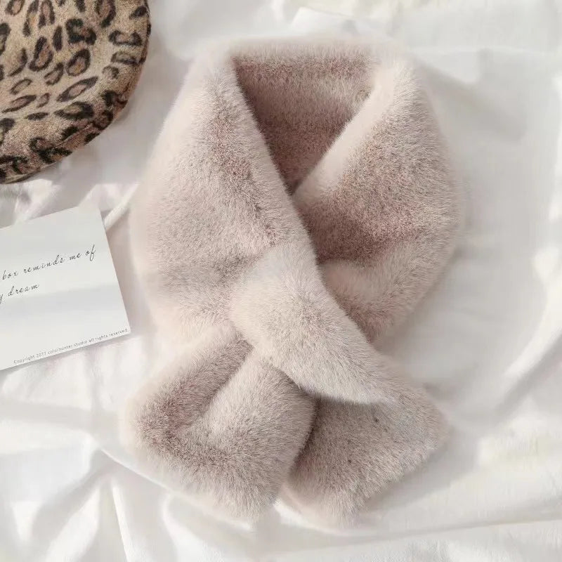 Beige faux fur cross collar neck warmer winter scarf by Belro, cozy and stylish accessory for cold weather.