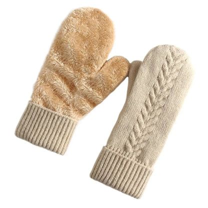 Beige Belro double layer fleece-lined winter mittens showing soft fleece interior and cozy exterior for cold weather.