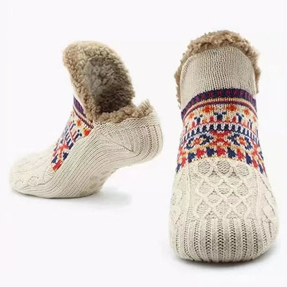 Beige Belro snow pattern warm winter socks with cozy knit design, suitable for cold weather and winter accessories.