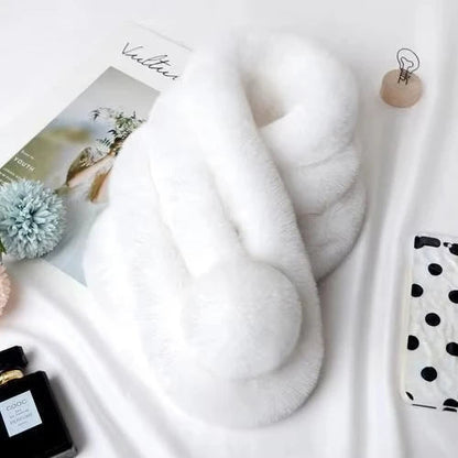 Beige plush faux fur winter scarf from Belro, soft and cozy clothing accessory with plush texture and warm appearance.