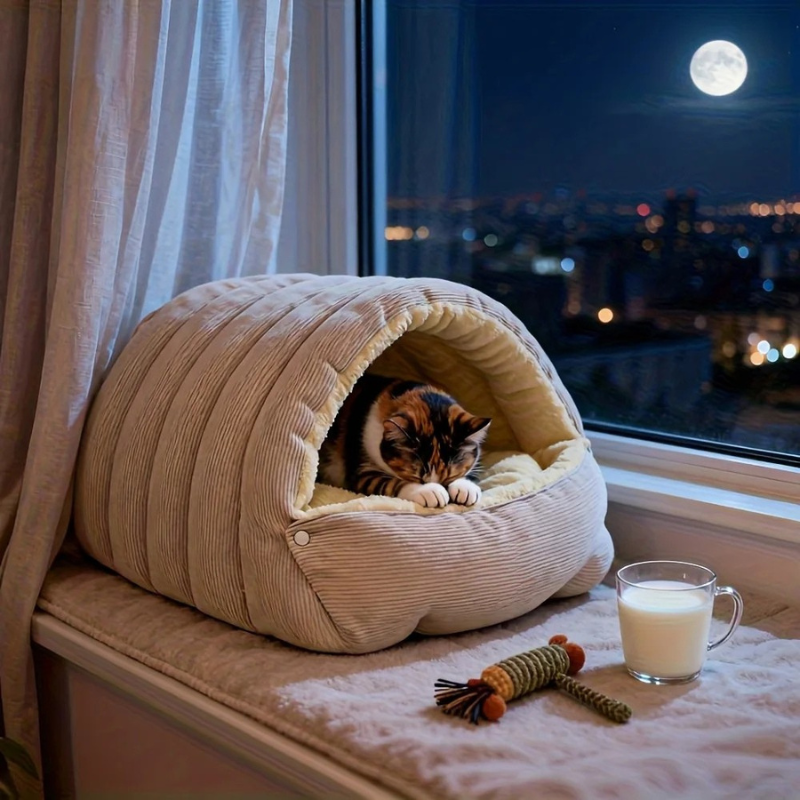 Beige Belro Warm Arctic Fleece Enclosed Cat Cave Bed with cozy interior for feline comfort and warmth.