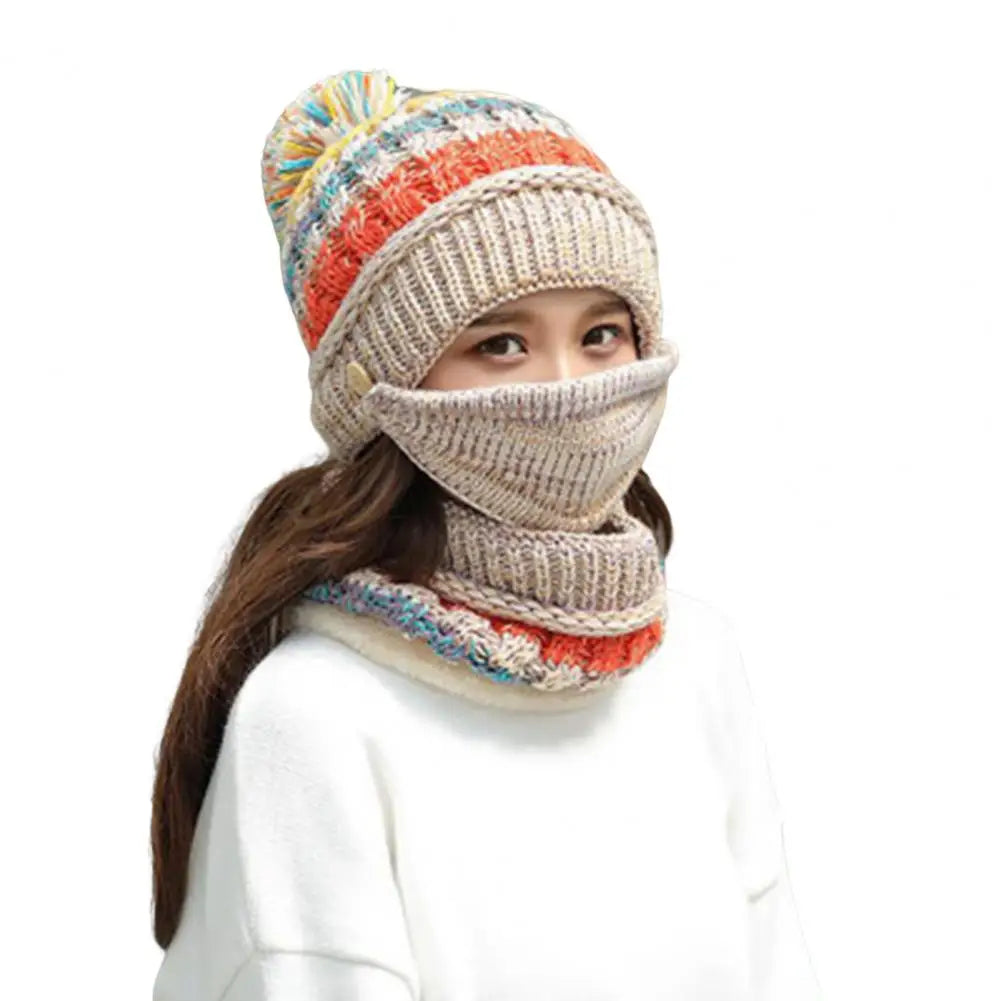 Beige cozy knitted hat and scarf set with velvet lining, winter accessories by Belro, perfect for cold weather.