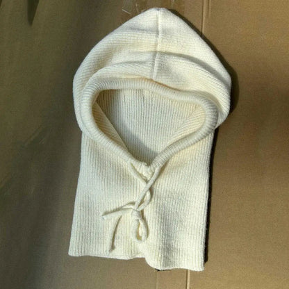 Beige Belro knitted hooded balaclava hat with neck warmer, made of soft, warm knit fabric for winter outdoor wear.