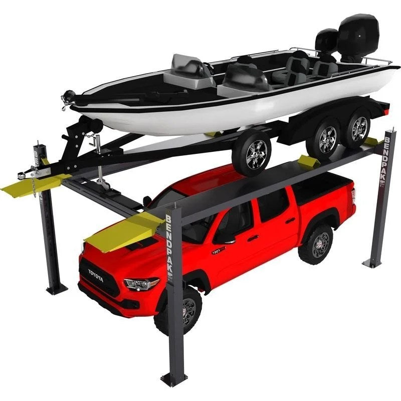 BendPak HD-7500BLX vehicle and boat storage lift with 7,500 lb capacity and 82-inch rise, shown in a garage setting