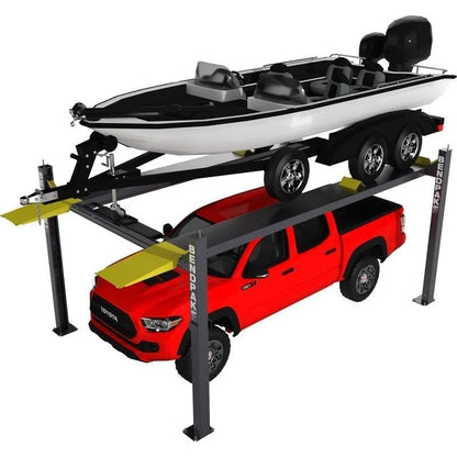 BendPak HD-7500BLX vehicle and boat storage lift with 7,500 lb capacity and 82-inch rise, shown in a garage setting