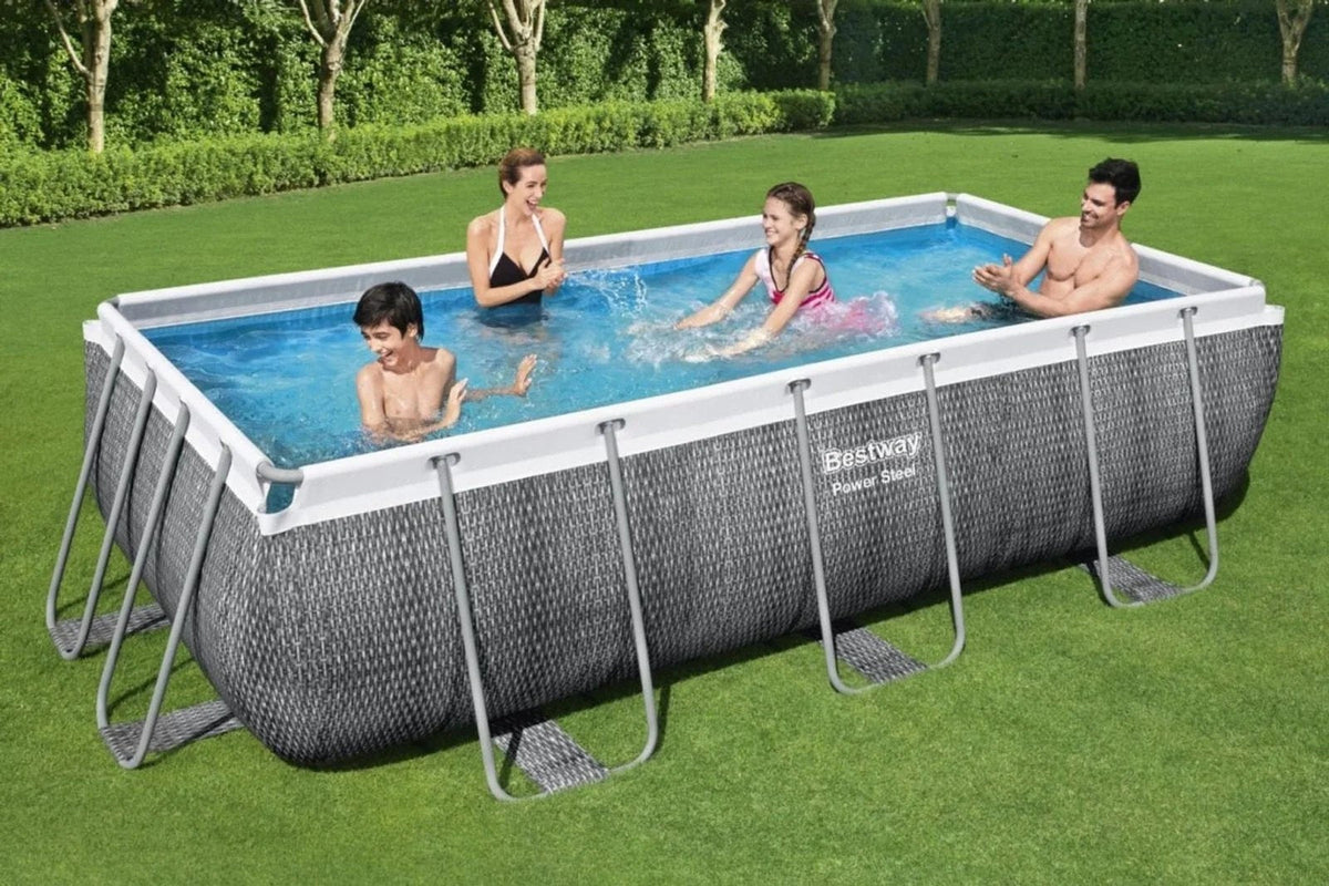 Casavibeo Bestway Power Steel above ground rectangular framed pool with grey exterior and sturdy steel frame.