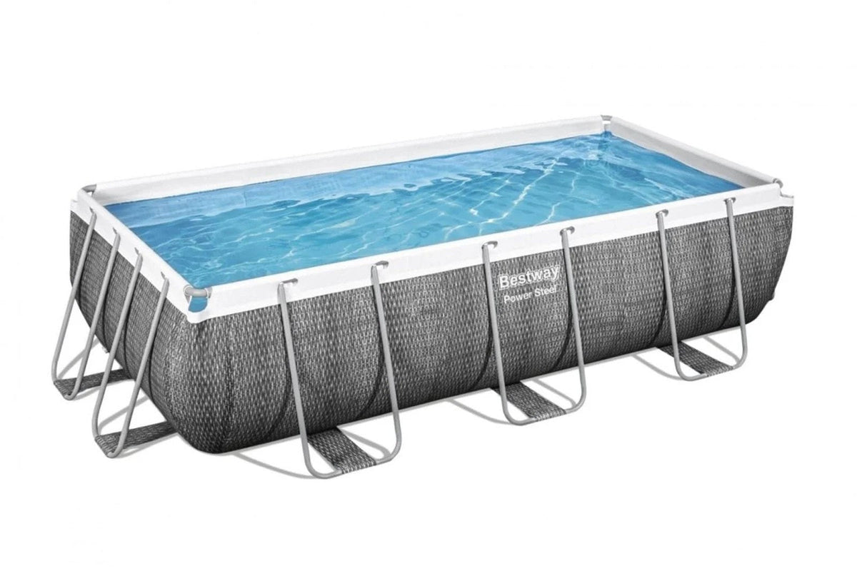 Casavibeo Bestway Power Steel above ground framed rectangular pool with grey steel frame and water filled interior.