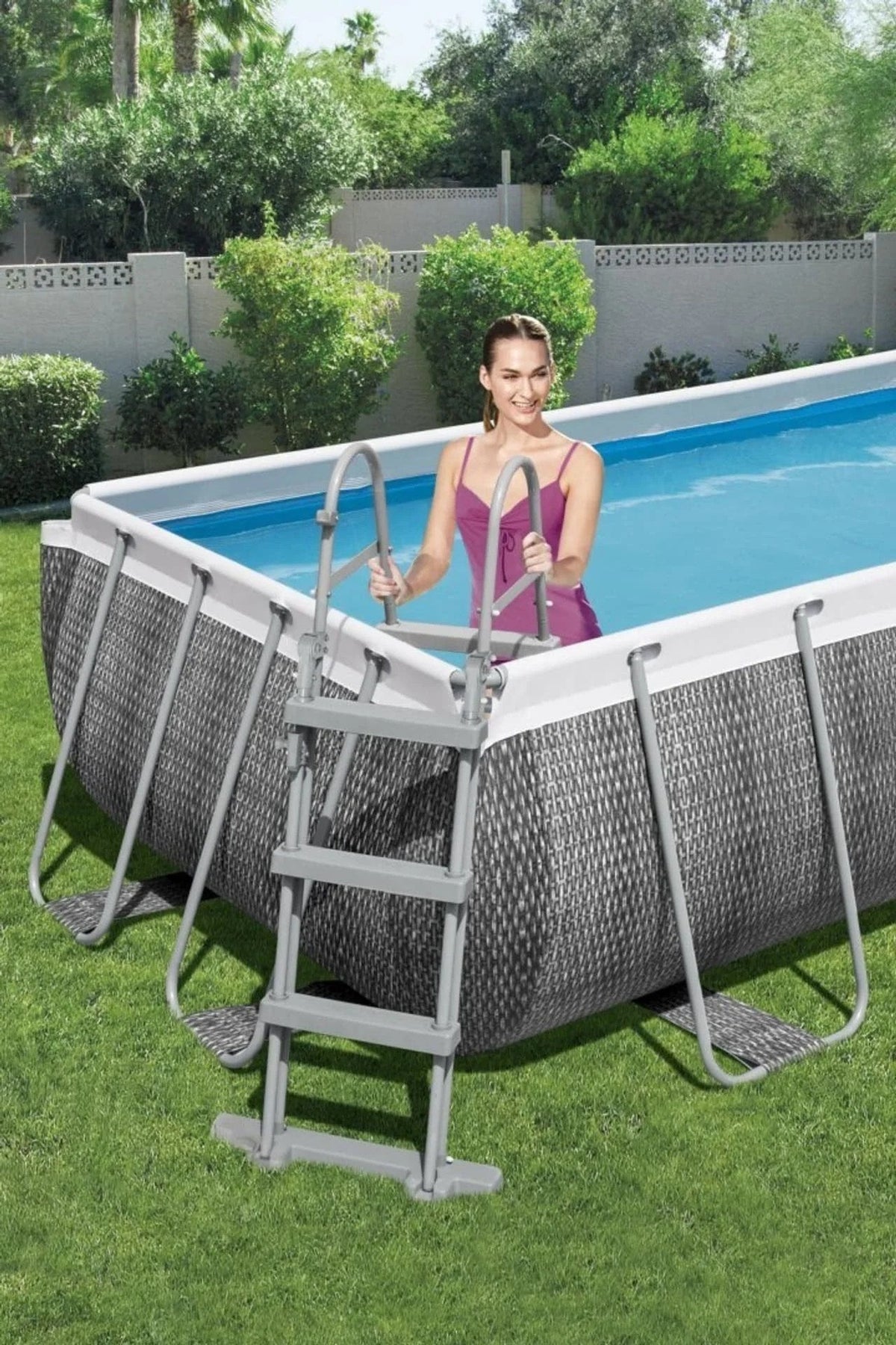 Casavibeo Bestway Power Steel above ground rectangular framed pool with grey liner, 16.4 ft long, sturdy steel frame, outdoor backyard pool