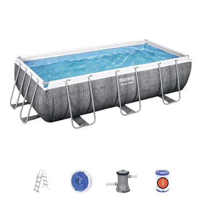 Casavibeo Bestway Power Steel above ground framed rectangular pool with grey frame and water inside, ideal for backyard swimming.
