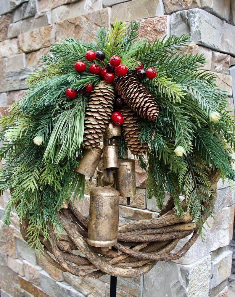 Belro farmhouse Christmas wreath with boho holiday decorations, featuring natural greenery and festive accents for home décor.