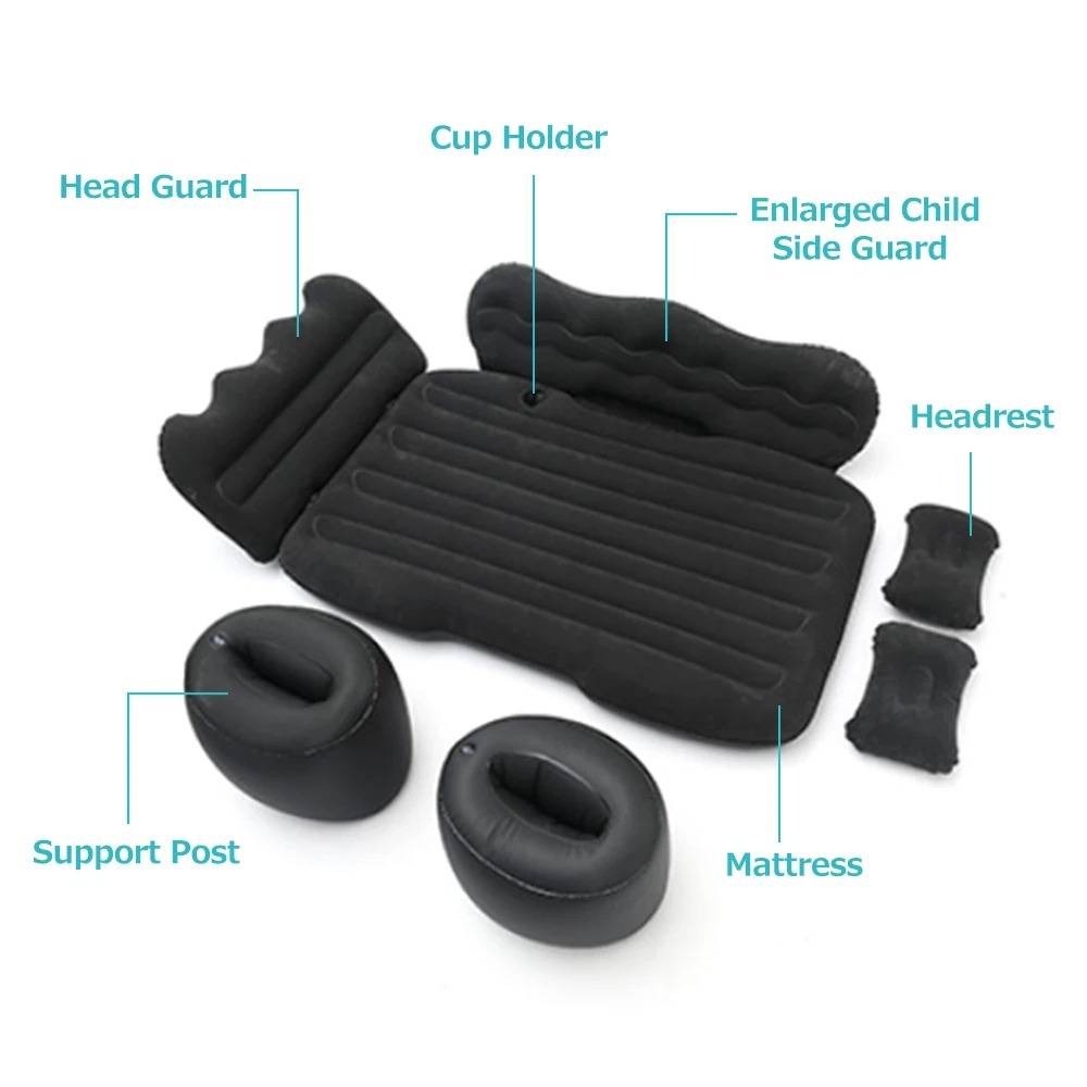 Belro car air mattress designed for vehicle comfort, shown inflated inside a car with plush surface and supportive structure.