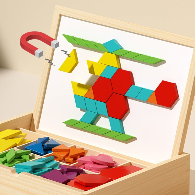 Mivoza magnetic wooden building blocks with pattern cards, educational toy for creative play and construction.