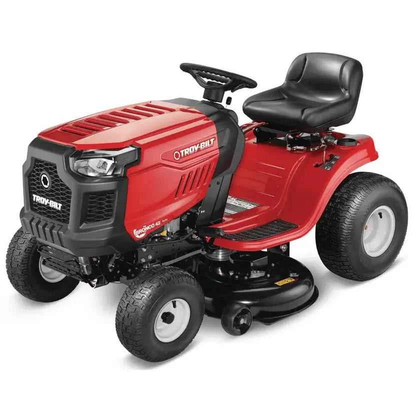 Casavibeo Troy-Bilt Bronco 42-inch automatic drive gas riding lawn tractor, showing the mower deck and steering controls.