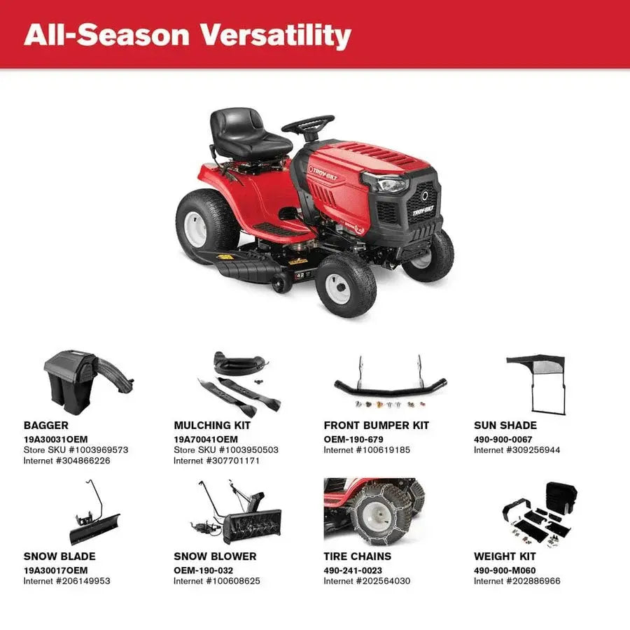 Casavibeo Troy-Bilt Bronco 42-inch automatic drive gas riding lawn tractor with cutting deck and comfortable seat.