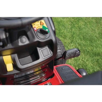 Casavibeo Troy-Bilt Bronco 42-inch automatic drive gas riding lawn tractor with cutting deck and ergonomic controls.