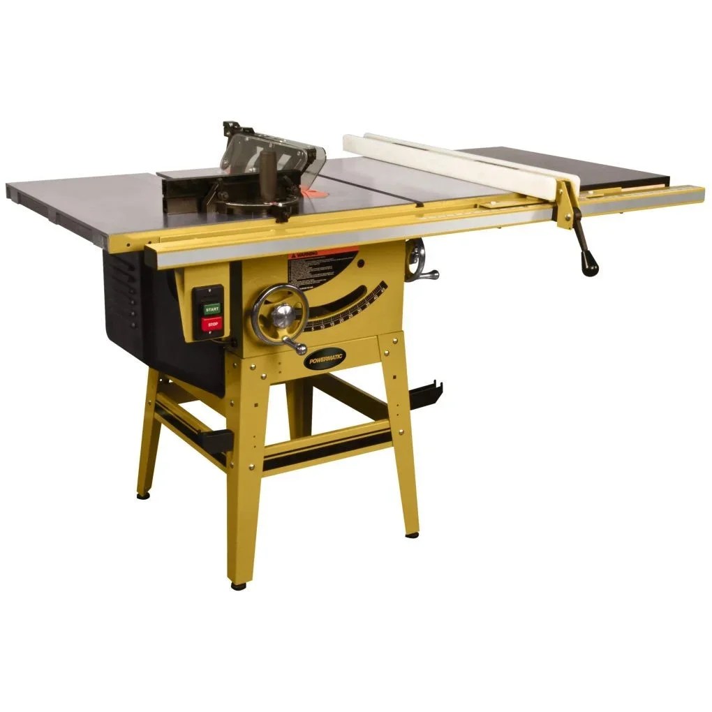 Casavibeo Powermatic 64B table saw with adjustable blade and sturdy metal stand, ideal for precise woodworking tasks.