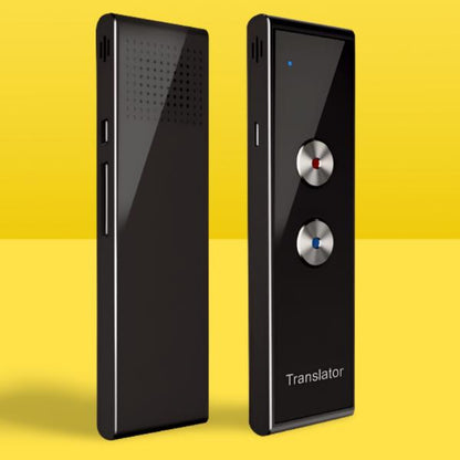 Black Belro portable voice translator device showing a compact electronic gadget with a screen and buttons for language translation.