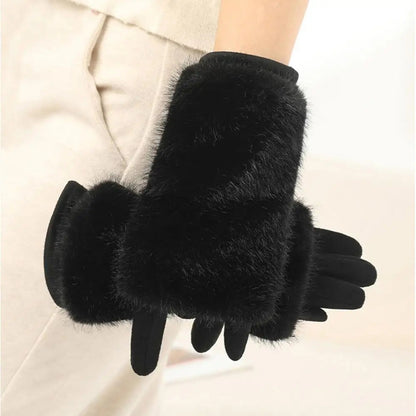 Black Belro suede rabbit fur touch screen winter gloves, stylish accessories with soft fur lining and touchscreen-compatible fingertips.