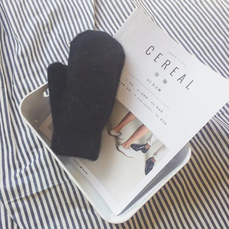 Black Belro cashmere knit mittens for women, cozy winter clothing with soft, warm fabric and a stylish, snug fit.