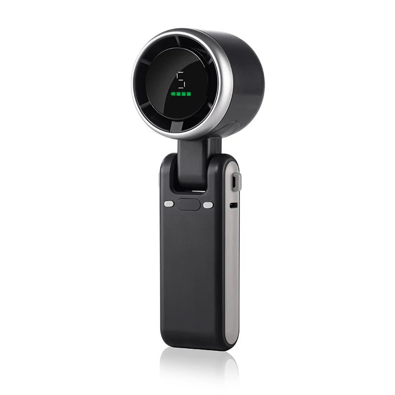 Black Belro foldable handheld turbo fan with digital display, compact outdoor fan for home and garden use.