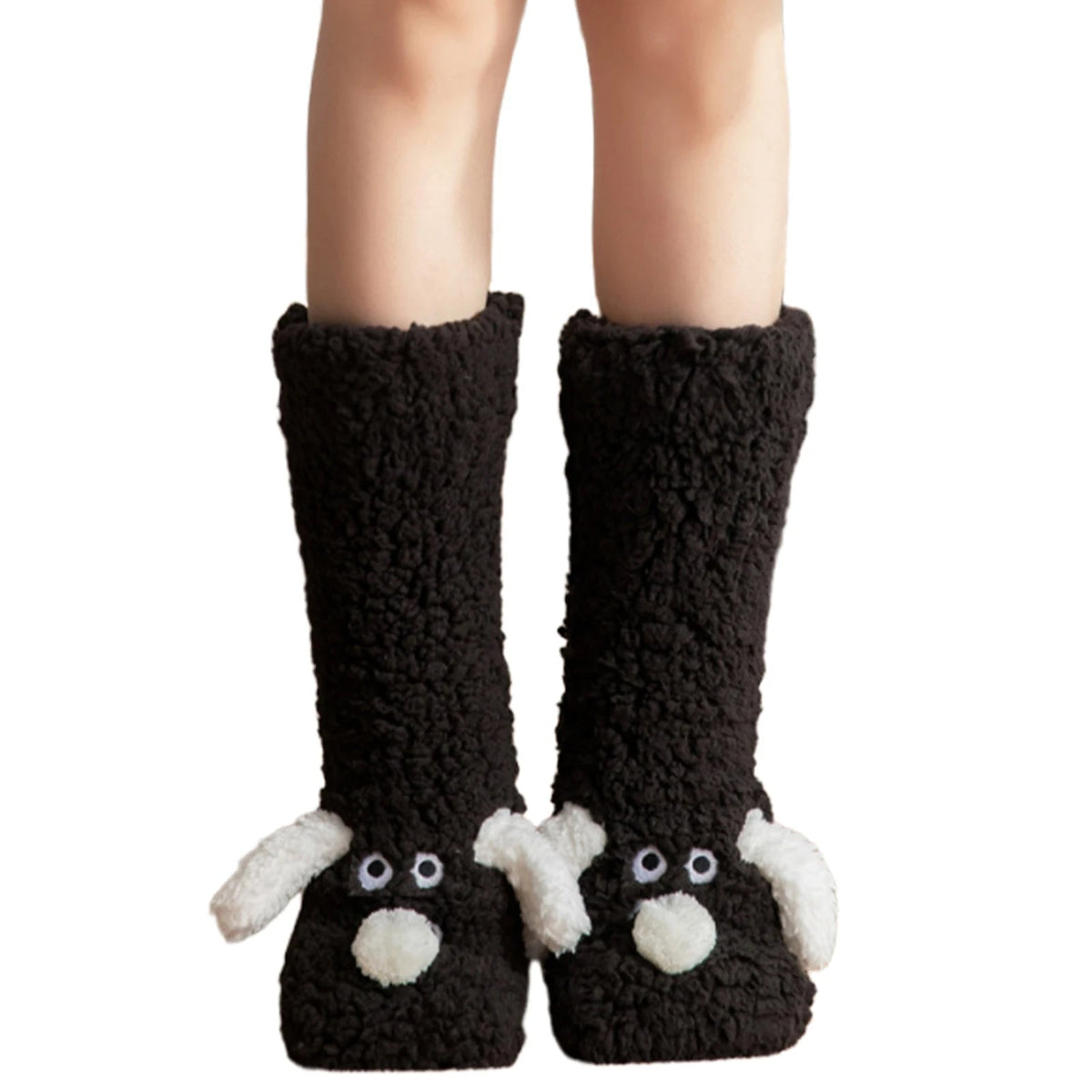 Black fuzzy dog-themed winter socks from Belro, cozy leg warmers with cute dog design for cold weather comfort.