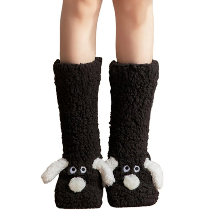 Black fuzzy dog-themed winter socks from Belro, cozy leg warmers with cute dog design for cold weather comfort.