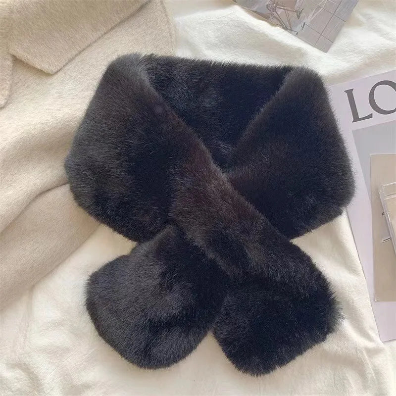 Black faux fur cross collar neck warmer scarf by Belro, cozy winter accessory with a stylish cross design.