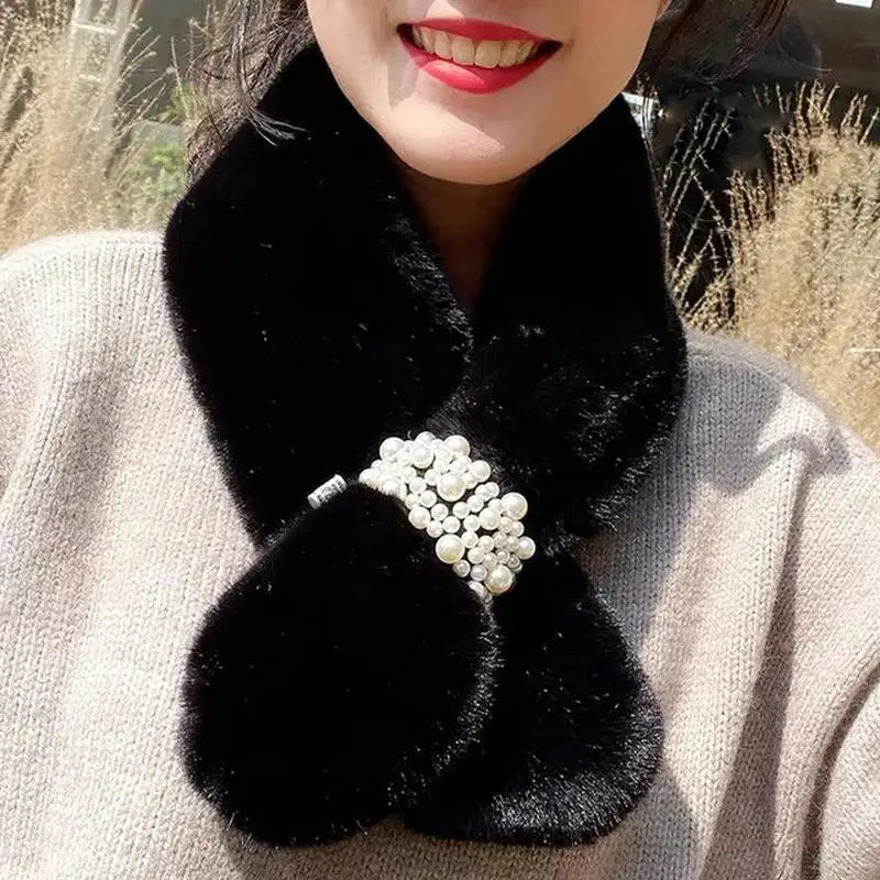 Black luxury faux fur pearl winter scarf by Belro, soft and plush with elegant pearl accents, perfect for cold weather accessories.