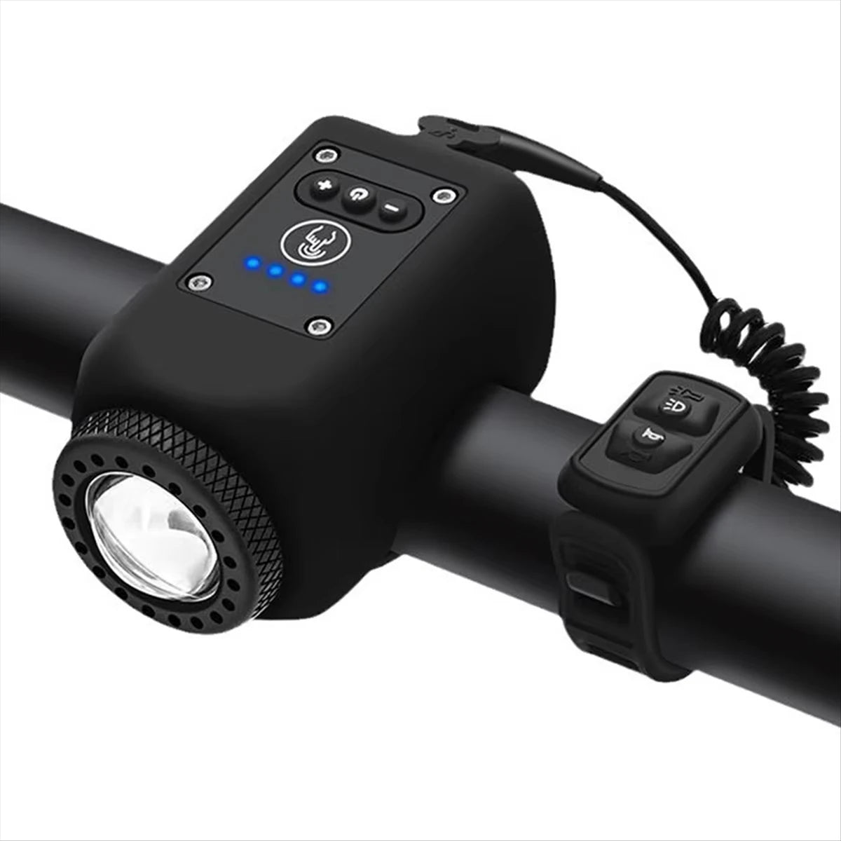 Black electric bike horn and front light by Belro mounted on a bike handlebar, suitable for outdoor cycling and safety.