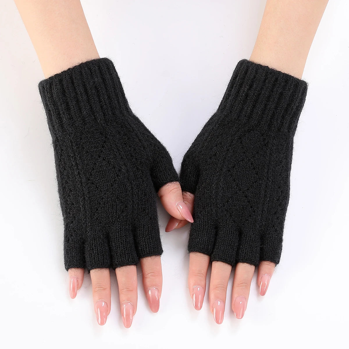 Black soft knit fingerless gloves from Belro, winter accessories designed for warmth and style.