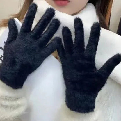 Black Belro soft plush winter gloves for women, close-up of cozy, fleece-lined glove with ribbed cuff detail.