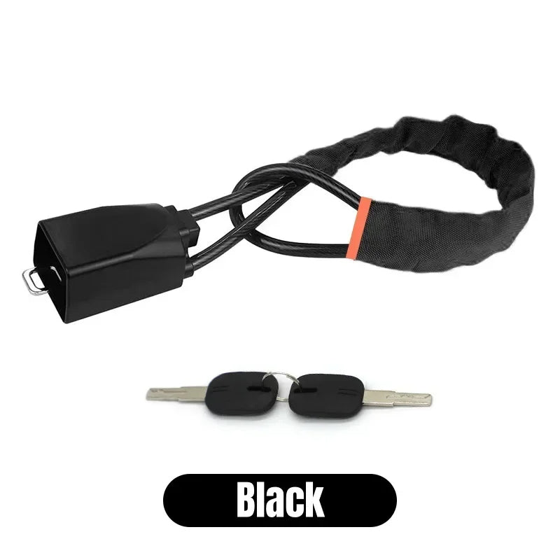 Black Belro universal car steering wheel lock with seat belt security device, showing the lock in a close-up view.