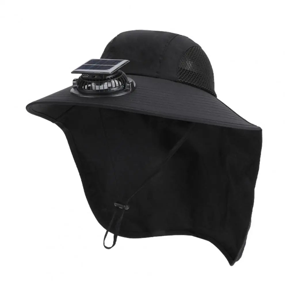 Black solar fan hat with wide brim, UV protection and built-in fan, Belro sun hat for outdoor sun protection.