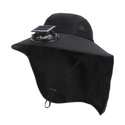 Black solar fan hat with wide brim, UV protection and built-in fan, Belro sun hat for outdoor sun protection.
