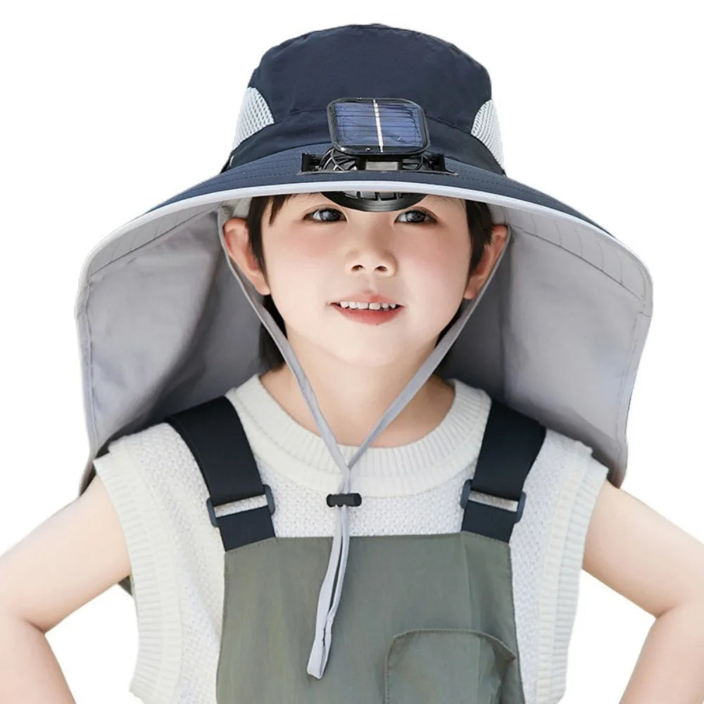 Black adjustable kids solar fan hat by Belro, sun protection accessory with built-in cooling fan for children.