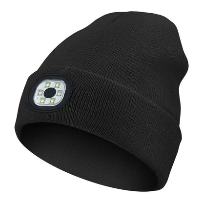 Black Belro rechargeable LED beanie hat with built-in light, suitable for winter outdoor activities and nighttime visibility.