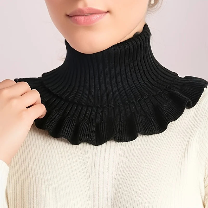 Black knitted turtleneck neck scarf for women, stylish Belro accessory with a cozy, elegant design for cold weather.