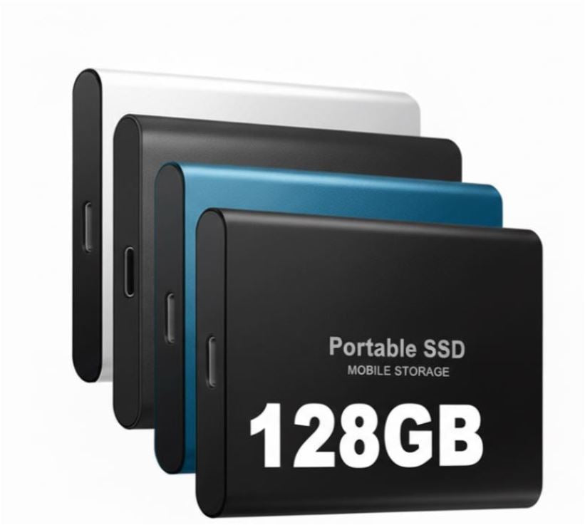 Black BowLift external SSD 128GB USB-C portable storage device with fast 1050 MB/s transfer speed.