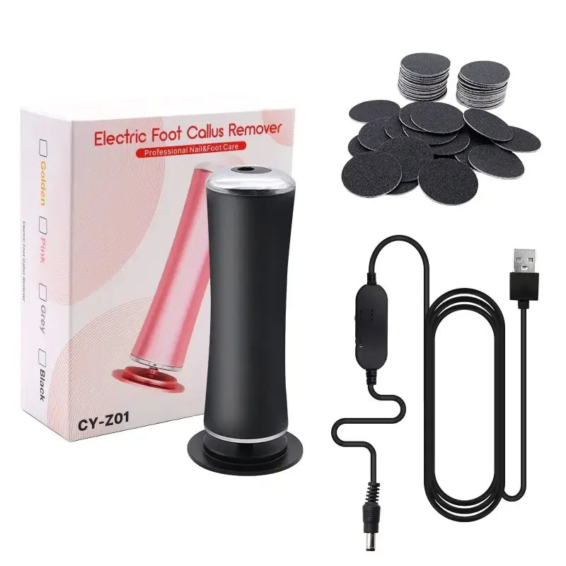 Black Belro electric foot file and callus remover with textured roller for smoothing and exfoliating dry, rough skin on feet.