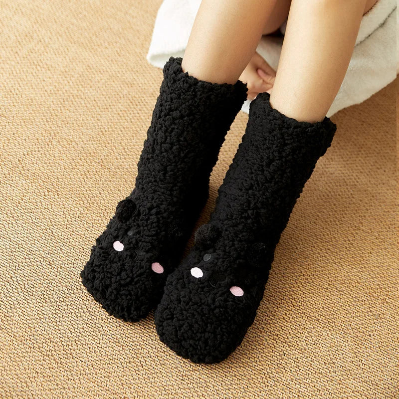 Belro Kawaii Bear fleece warm socks in black with cute bear face design, cozy and soft for comfortable wear.