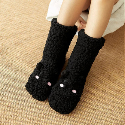 Belro Kawaii Bear fleece warm socks in black with cute bear face design, cozy and soft for comfortable wear.