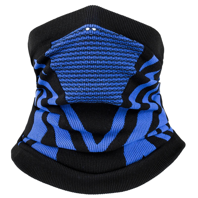 Black and blue breathable thermal face mask and neck gaiter by Belro, made from lightweight, moisture-wicking fabric.