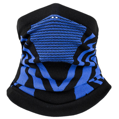 Black and blue breathable thermal face mask and neck gaiter by Belro, made from lightweight, moisture-wicking fabric.